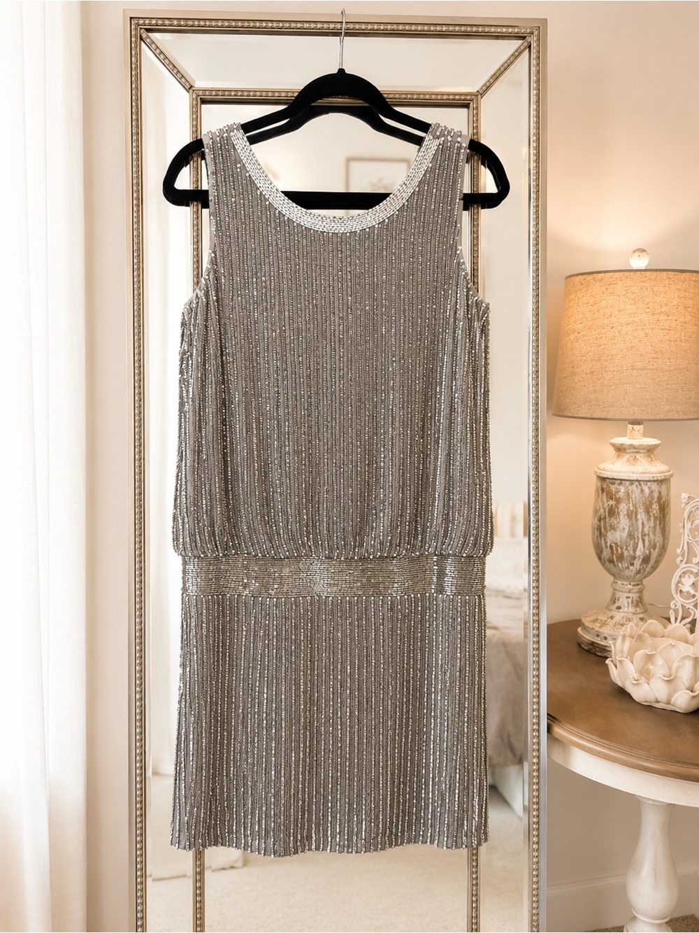 Adrianna Papell Silver Beaded Sleeveless Drop-Waist Mini Dress